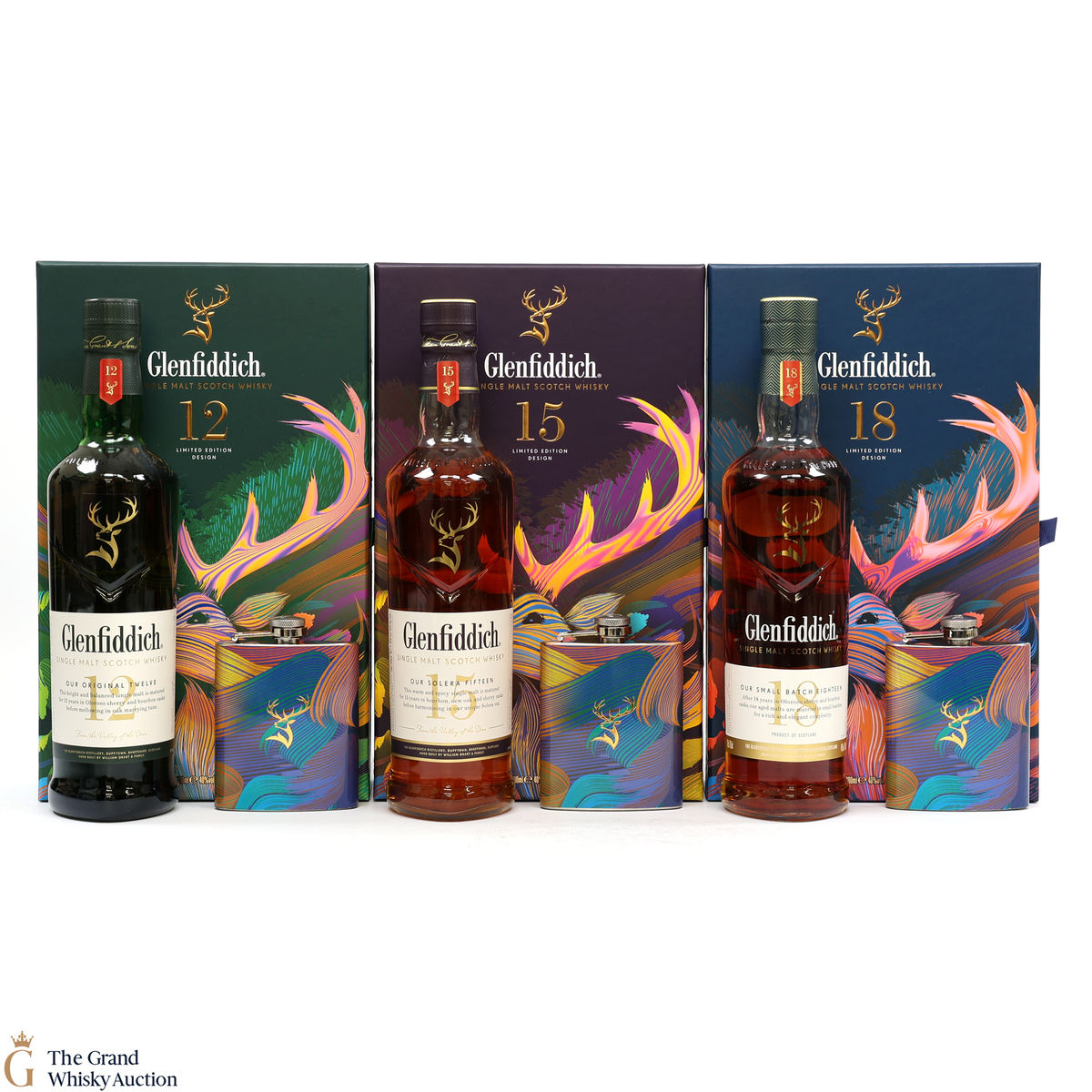Glenfiddich - 12, 15 & 18 Year Old - Limited Edition Design (3x70cl & Hip Flasks)